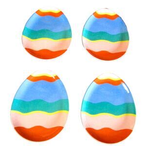 Set of Four Melmac Easter Plates Colorful Striped Egg‑Shaped 9.5" × 7.5"